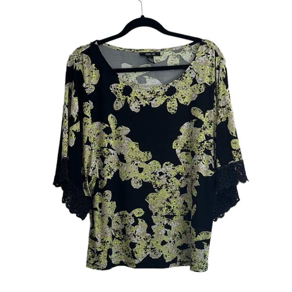Style & Co Black Floral Blouse Size L